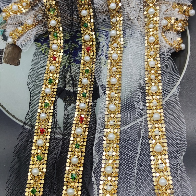Lace Ribbon Trim - ริบบิ้นลูกไม้ประดับลูกปัดทองคำทำมือใหม่ พร้อมไข่มุกและเลื่อม สำหรับตกแต่งปกเสื้อ DIY อุปกรณ์เสริมงานเย็บ